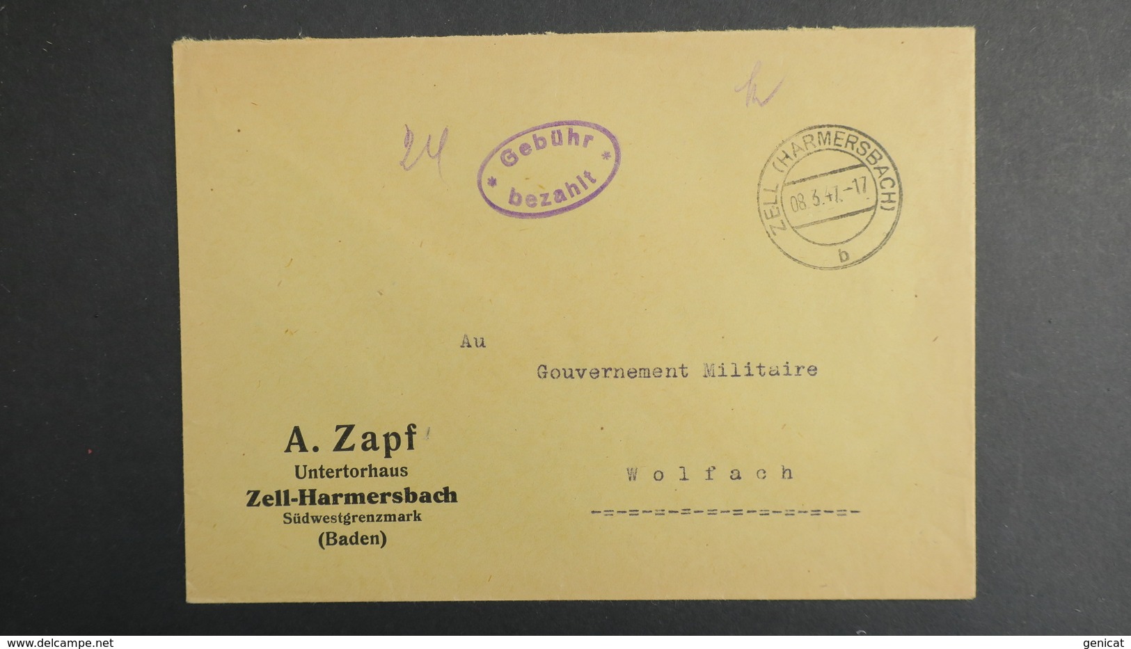 Lettre De Zell  Mars 1947 Allemagne Occupation Française Pour Wolfach Gouvernement Militaire En Franchise - Autres & Non Classés