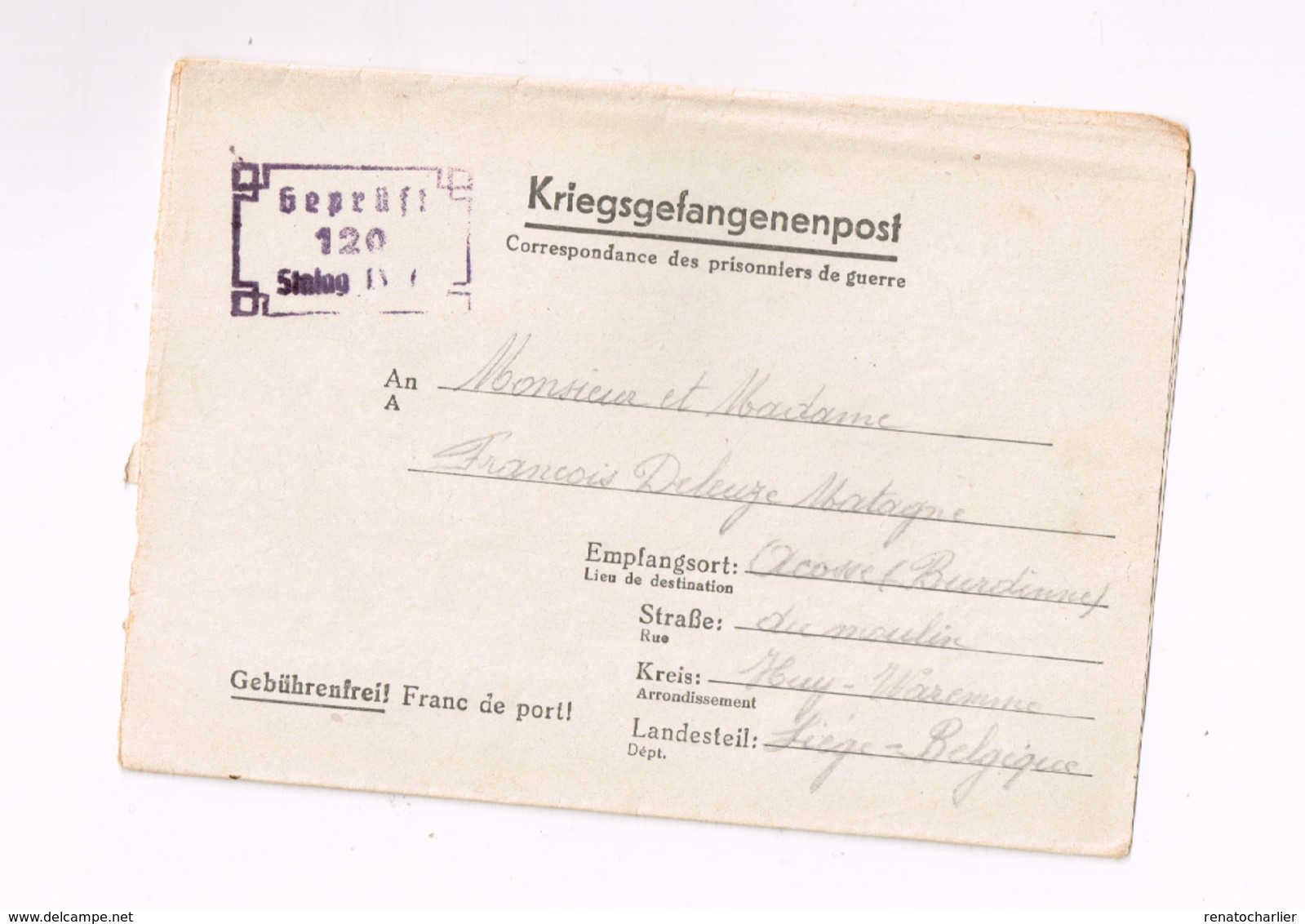 Kriegsgefangenensendung.Expédié Du Stalag IV C à Acosse (Burdinne/Belgique) - Briefe U. Dokumente