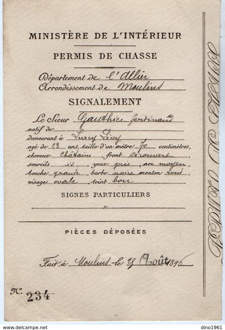 VP14.572 - Ministère De L'Intérieur PARIS X MOULINS 1896 - Permis De Chasse - Mr F. GAUTHIER - Collections