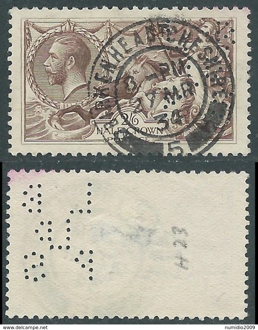 1913 GREAT BRITAIN USED SEA HORSES SG 414 2s6d DEEP SEPIA BROWN PERFIN - F23-5 - Gebraucht