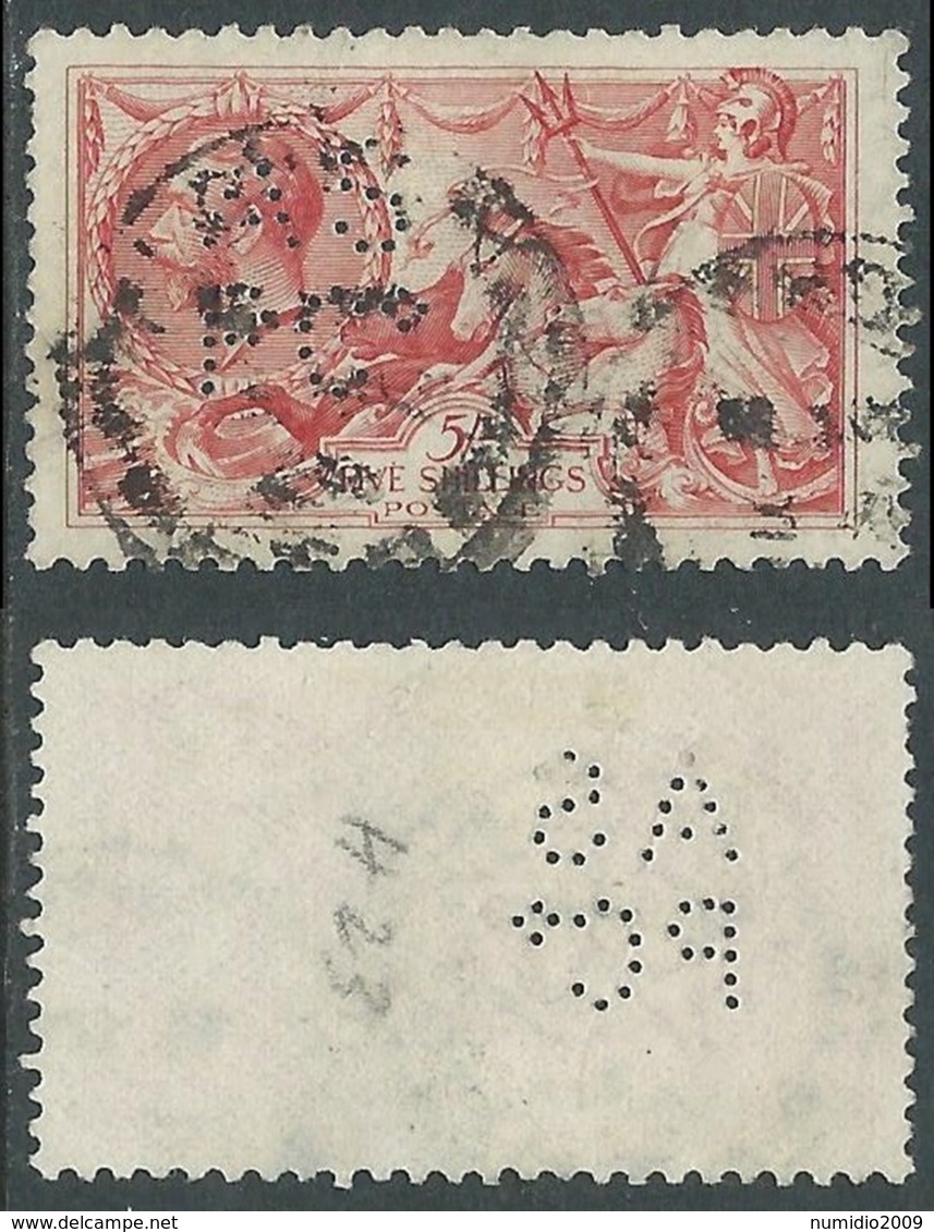 1918-19 GREAT BRITAIN USED SEA HORSES SG 416 5s ROSE RED PERFIN - F22-8 - Usati