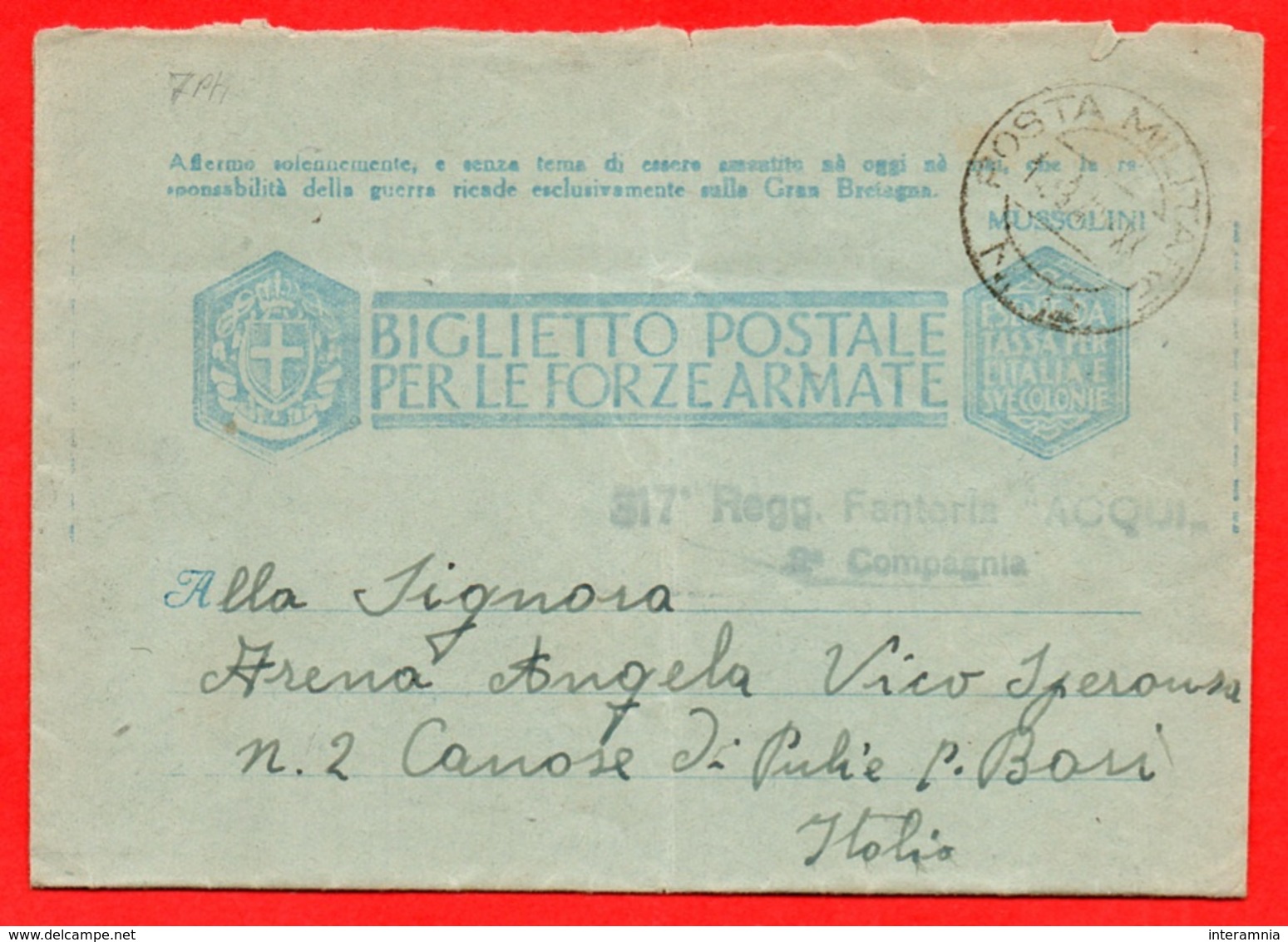 FRANCHIGIA-PM 2-fanteria Acqui- Per Canosa Di Puglia-bari - Oorlog 1939-45