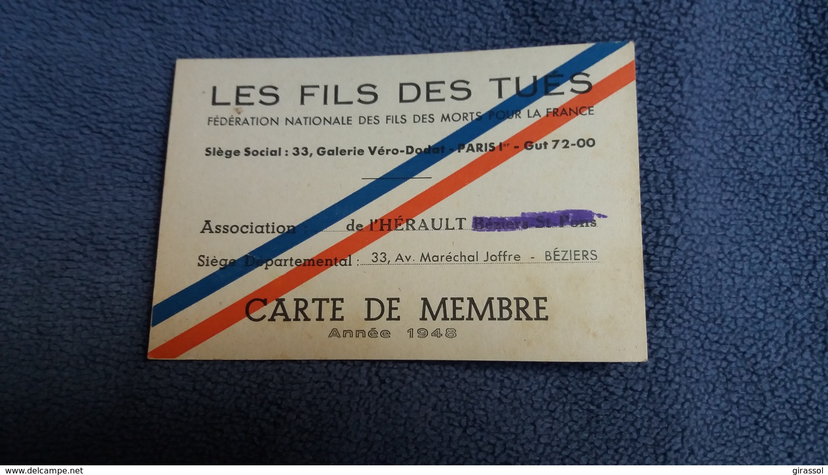 CARTE DE MEMBRE FEDERATION NATIONALE DES FILS DES MORTS LES FILS DES TUES ASSOCIATION DE L HERAULT ANNEE 1948 - Autres & Non Classés