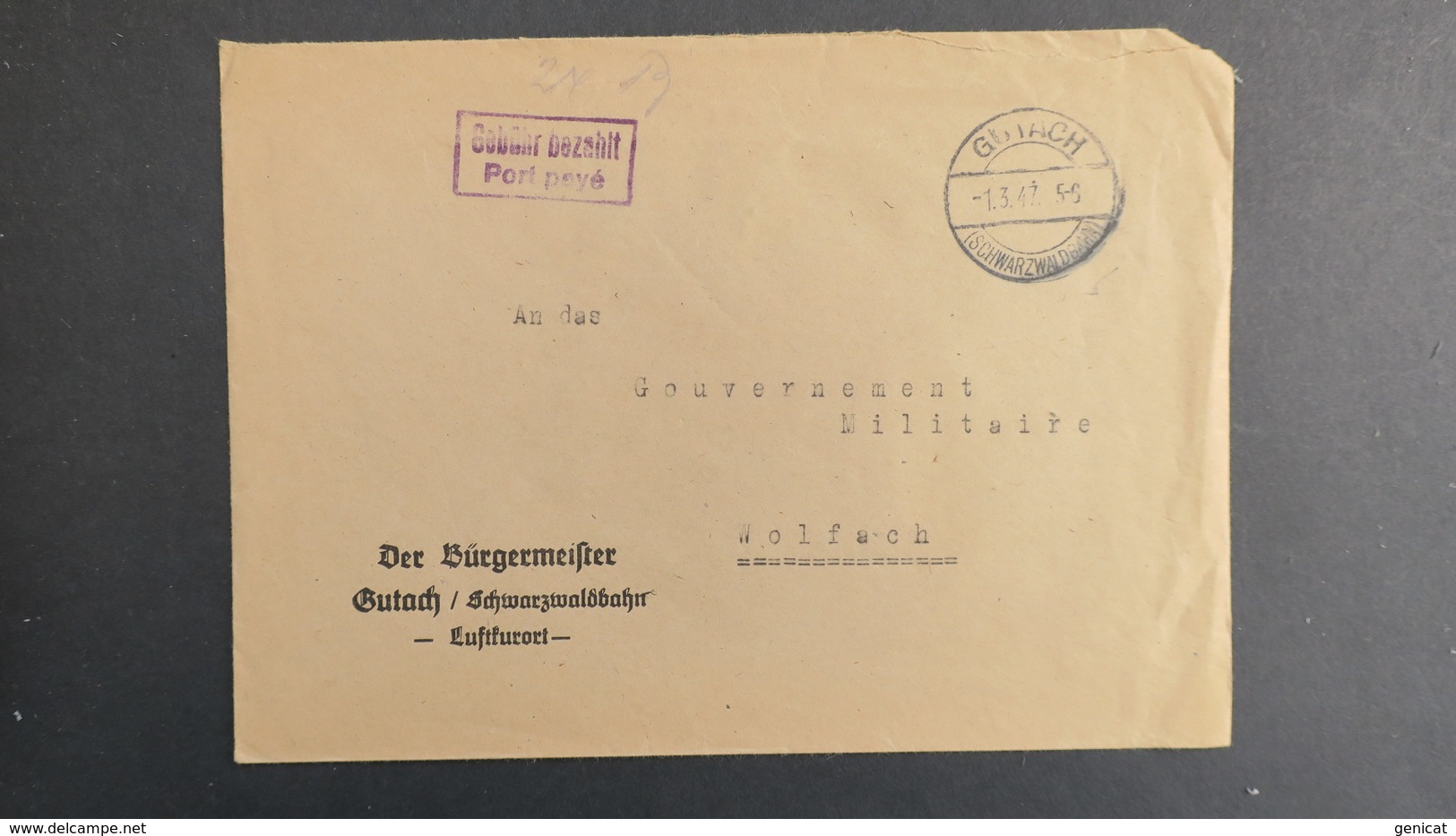 Lettre De Gutach Mars 1947 Allemagne Occupation Française Pour Wolfach Gouvernement Militaire En Franchise - Autres & Non Classés