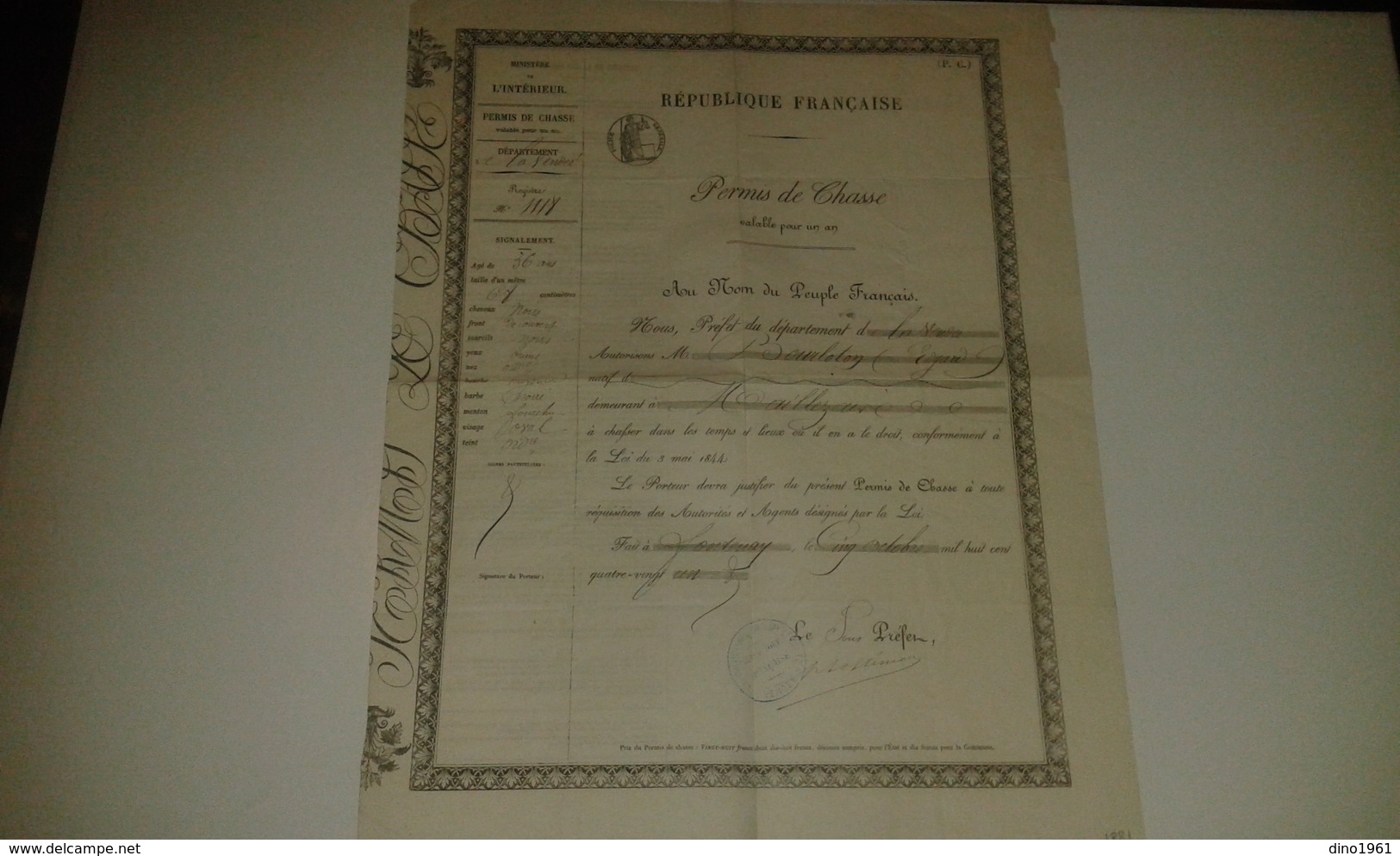 VP14.573 - Ministère De L'Intérieur PARIS X FONTENAY 1881 - Permis De Chasse - Mr E. BOURLOTON à MAILLEZAIS - Collections