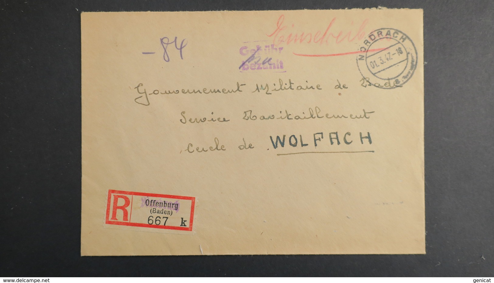 Lettre Recommandé Nordrach Mars 1947 Allemagne Occupation Française Pour Wolfach Gouvernement Militaire En Franchise - Sonstige & Ohne Zuordnung