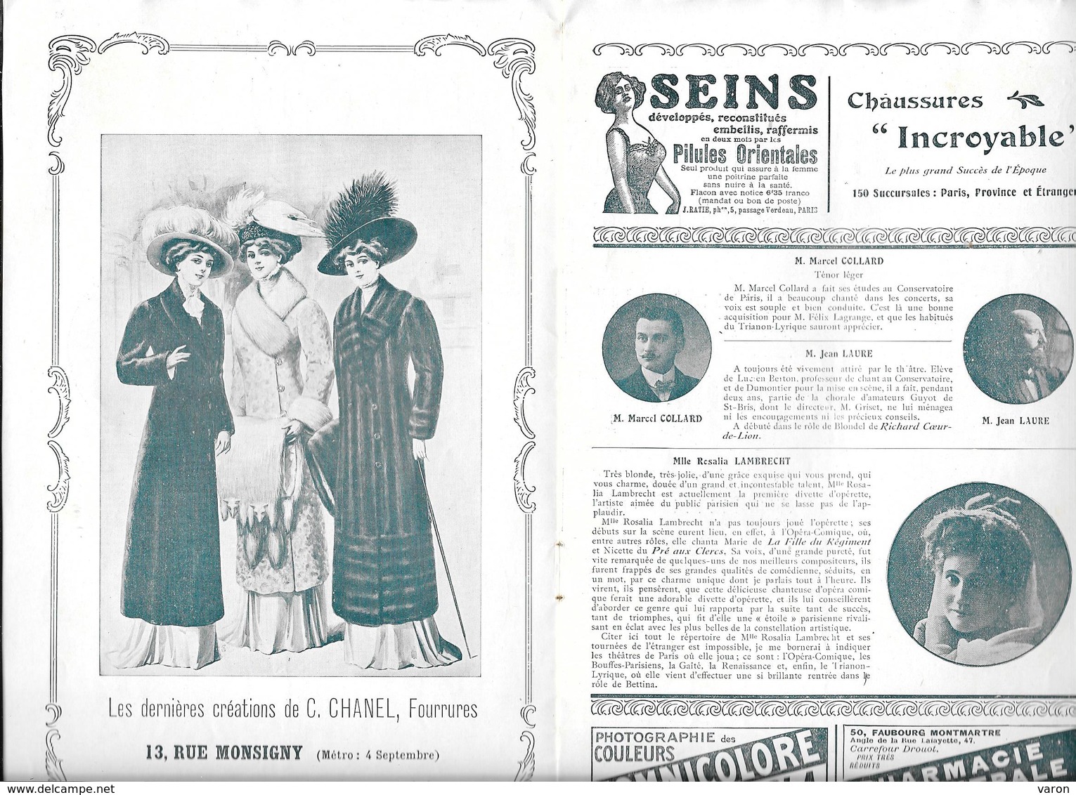 Programme TRIANON-LYRIQUE Dion FELIX LAGRANGE 1909 - "RICHARD COEUR DE LION & CHANSON DE FORTUNIO" M.PEZILLA Illust - Programmes