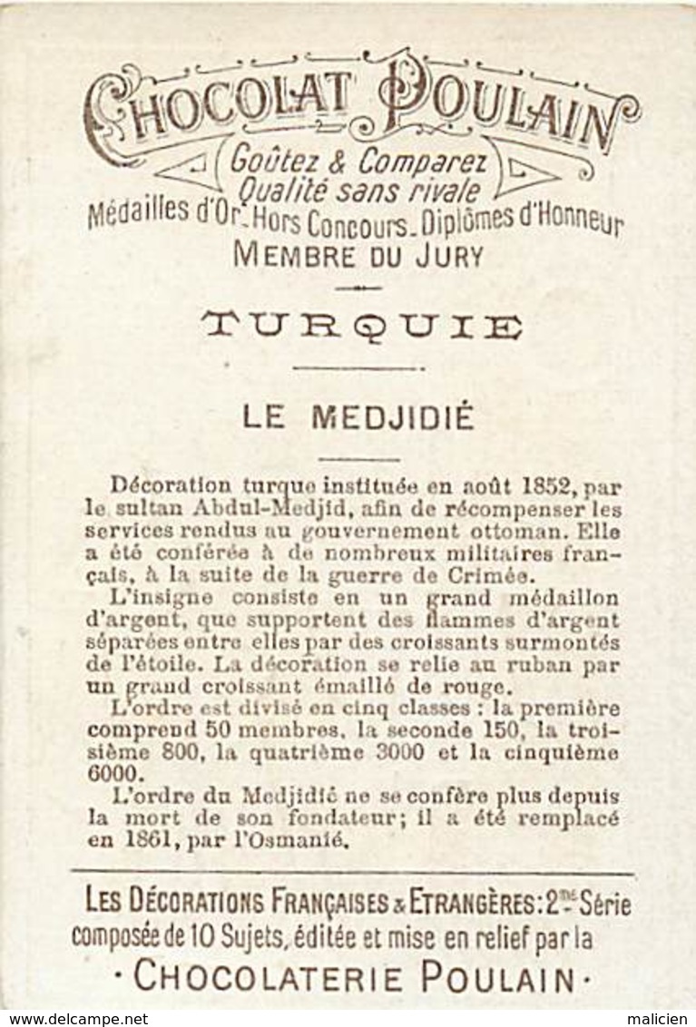 - Chromos -ref-ch865- Chocolat Poulain - Decorations Françaises Et Etrangères - Turquie - Le Medjidié - Militaria - - Poulain