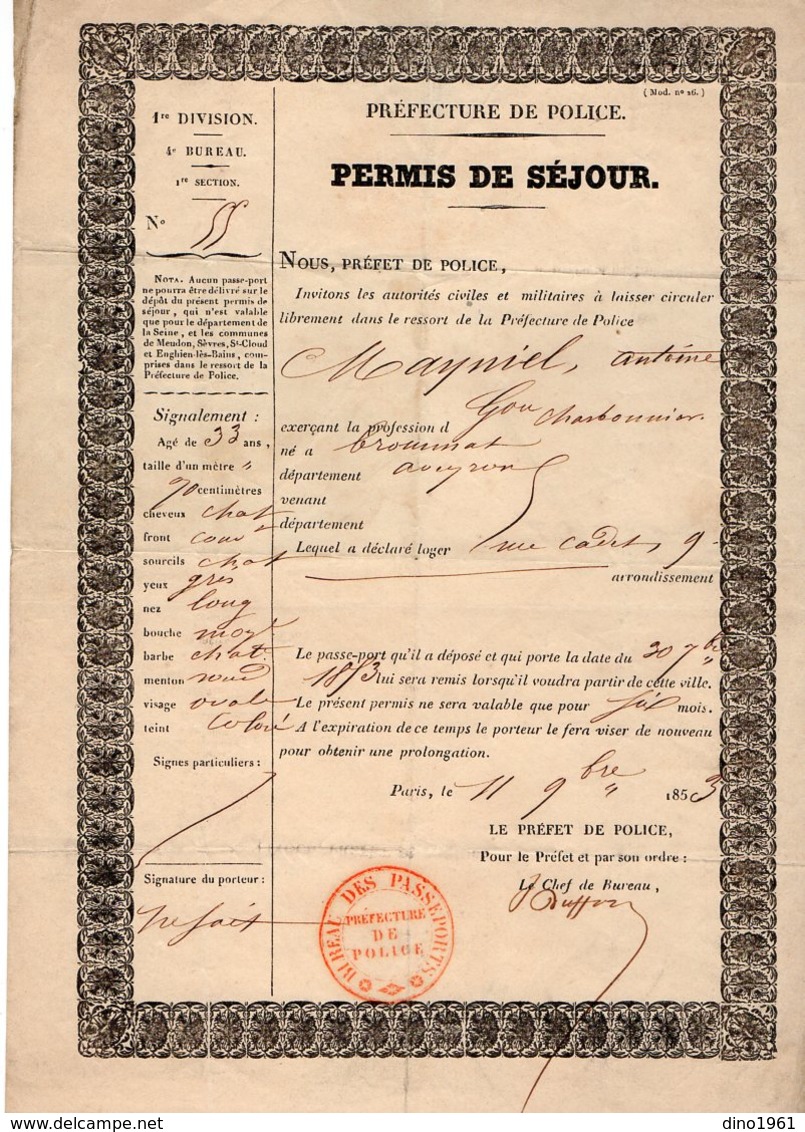 VP14.575 - MILITARIA - Préfecture De Police PARIS 1853 - Permis De Séjour - Mr A. MAYNIEL - Police & Gendarmerie