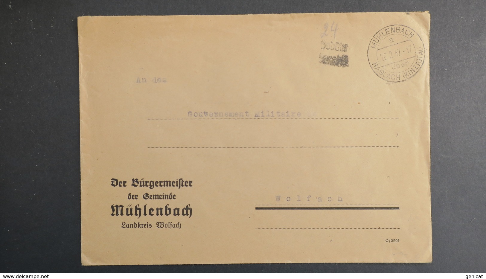 Lettre De Muhlenbach Fevrier 1947 Allemagne Occupation Française Pour Wolfach Gouvernement Militaire En Franchise - Autres & Non Classés
