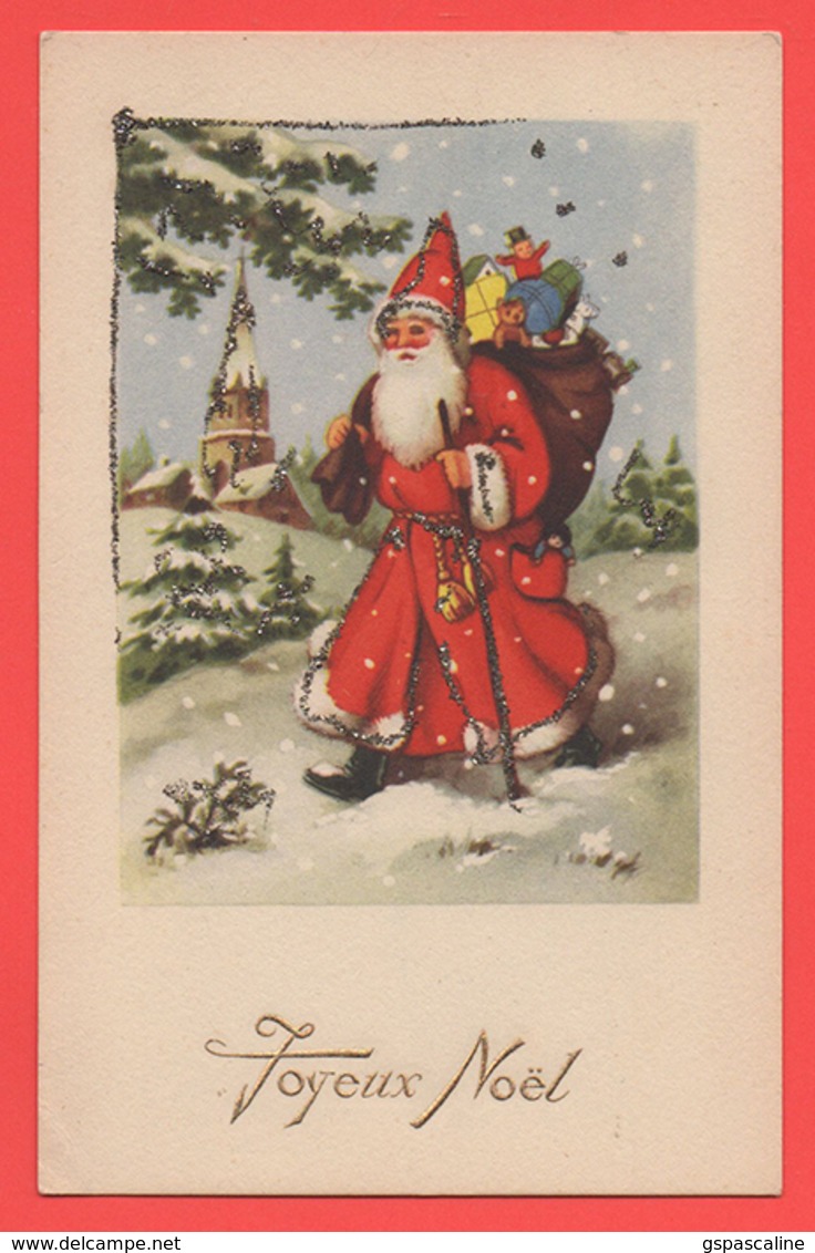 PERE NOËL - SANTA CLAUS - JLP Charme 925 - Père Noël, Hotte, Cadeaux, Neige, Clocher, Sapins. Paillettes Argentées. - Santa Claus