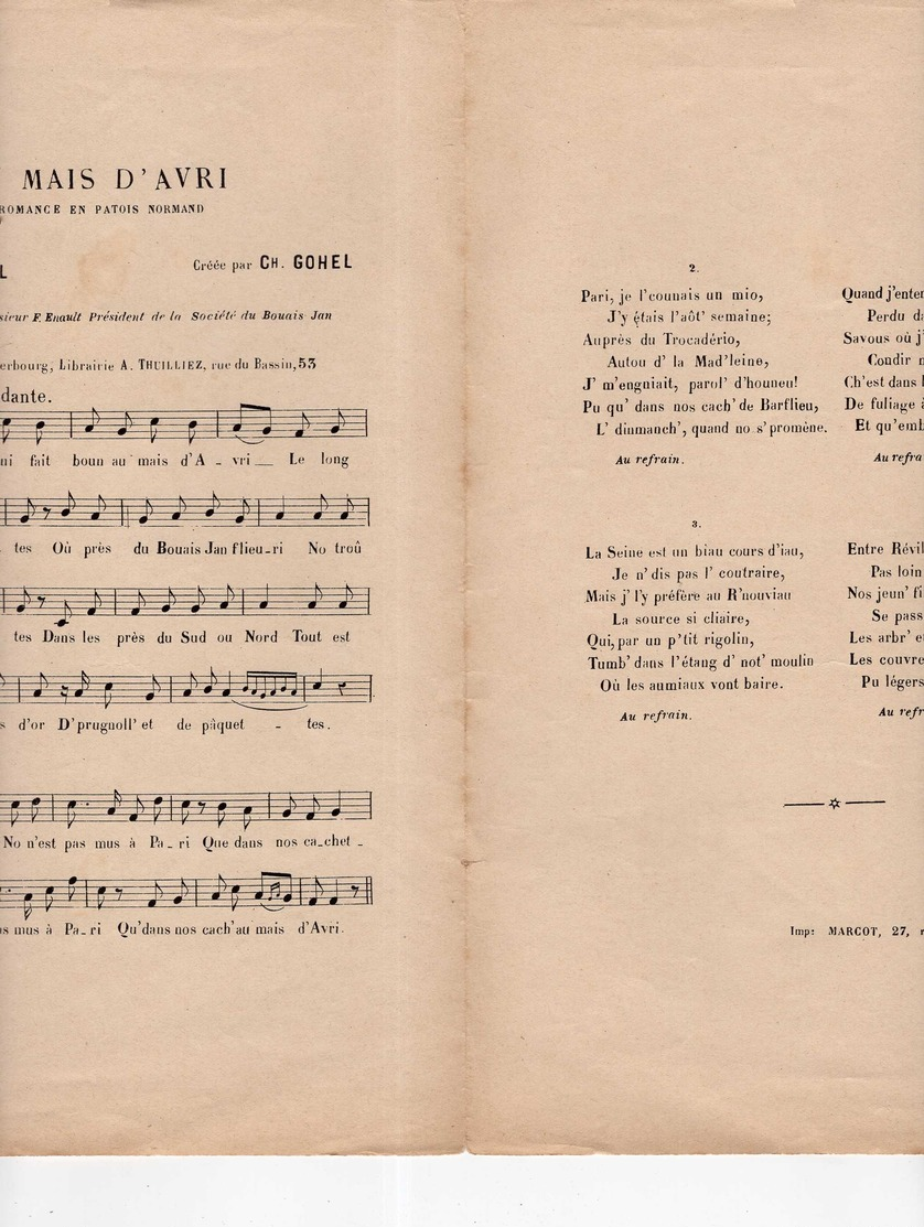 CAF CONC POPULAIRE NORMANDIE PATOIS PARTITION AU MAIS D'AVRI ALFRED ROSSEL CHEZ COTTEL CHERBOURG ±1909 - Autres & Non Classés