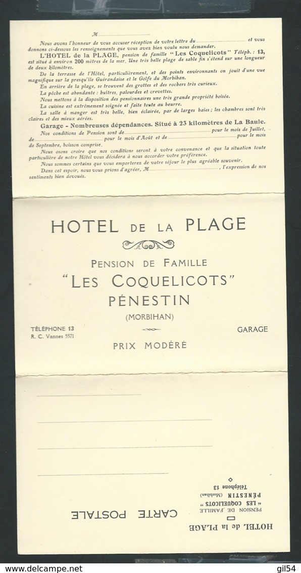 Lac Entete Commerciale "hotel De La Plage, Les Coquelicots Penestin , 56 - + Cpa De L'hotel   ( 3 Scans ) - Lx3301 - 1921-1960: Période Moderne