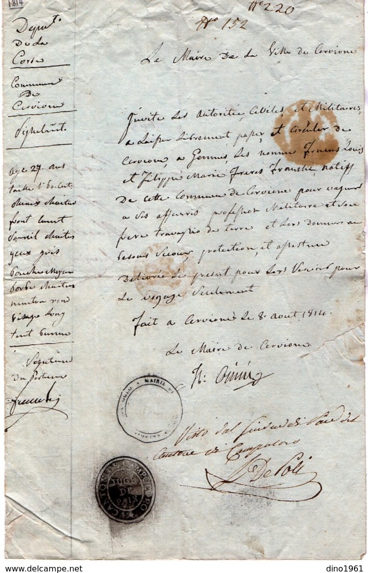 VP14.578 - Empire - Commune De CERVIONE 1814 - Laissez - Passer Pour L'Italie ? - Collections