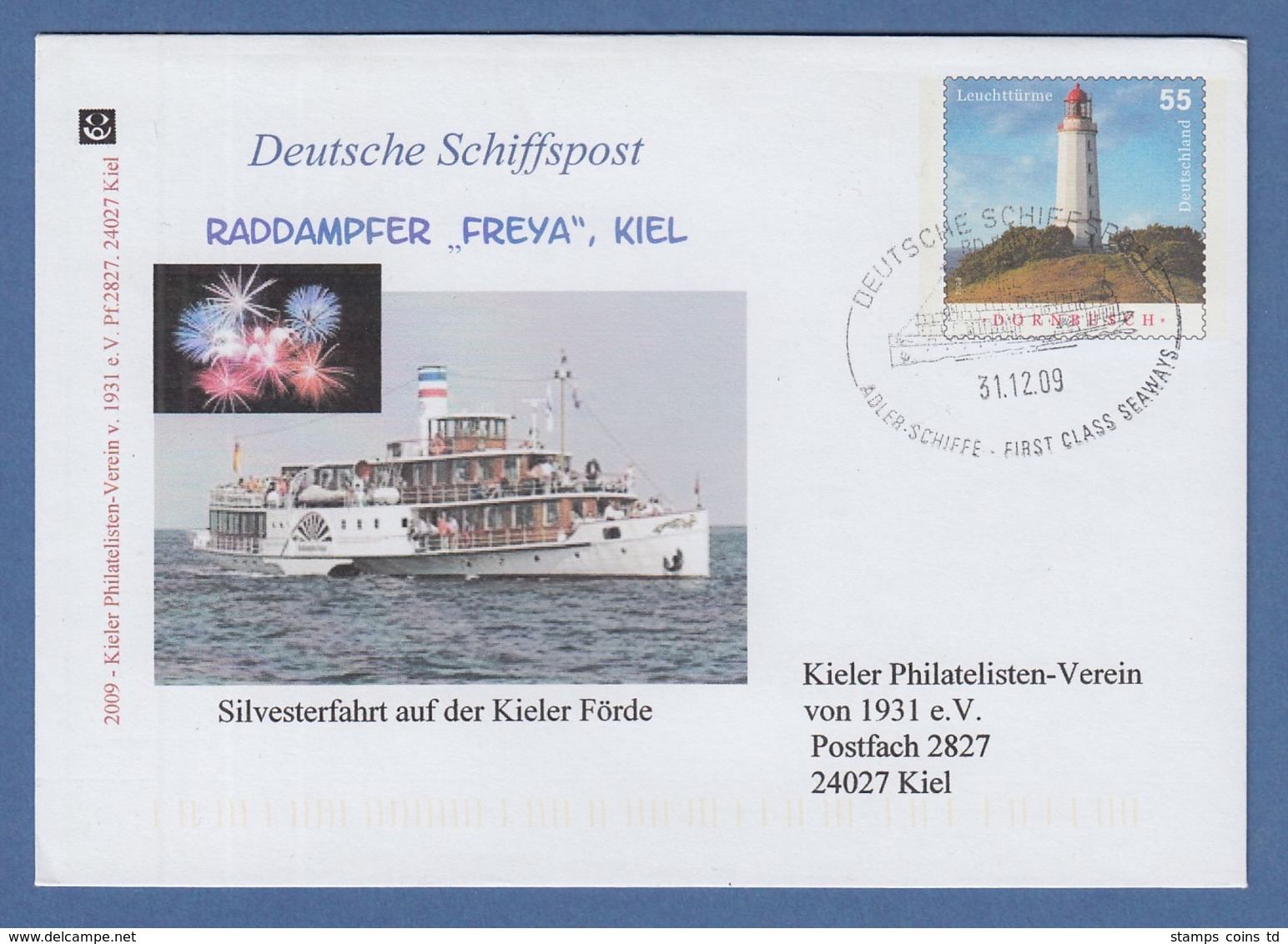 Privatganzsache Leuchtturm Dornbusch Schiffspost Raddampfer Freya Kiel 2009  - Sonstige & Ohne Zuordnung