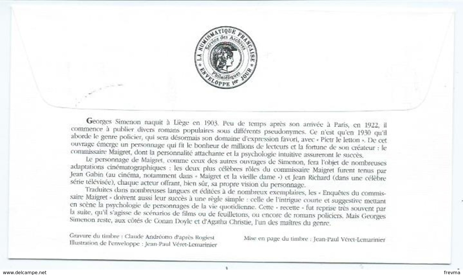 Enveloppe 1er Jour France FDC Georges Simenon 1994 - 1970-1979