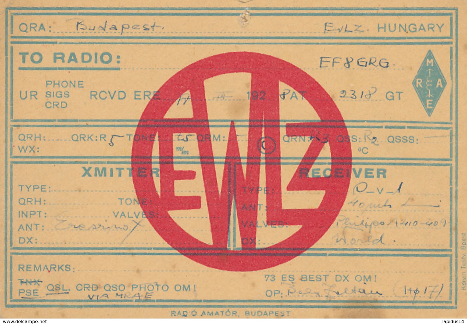 R 260  / CARTE RADIO AMATEUR     BUDAPEST   E  W  L  Z - Radio Amateur