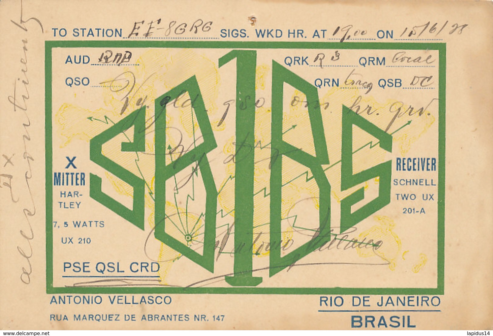 R 266  / CARTE RADIO AMATEUR   BRASIL  RIO DE JANEIRO  S  B  1  B  S. - Radio Amateur