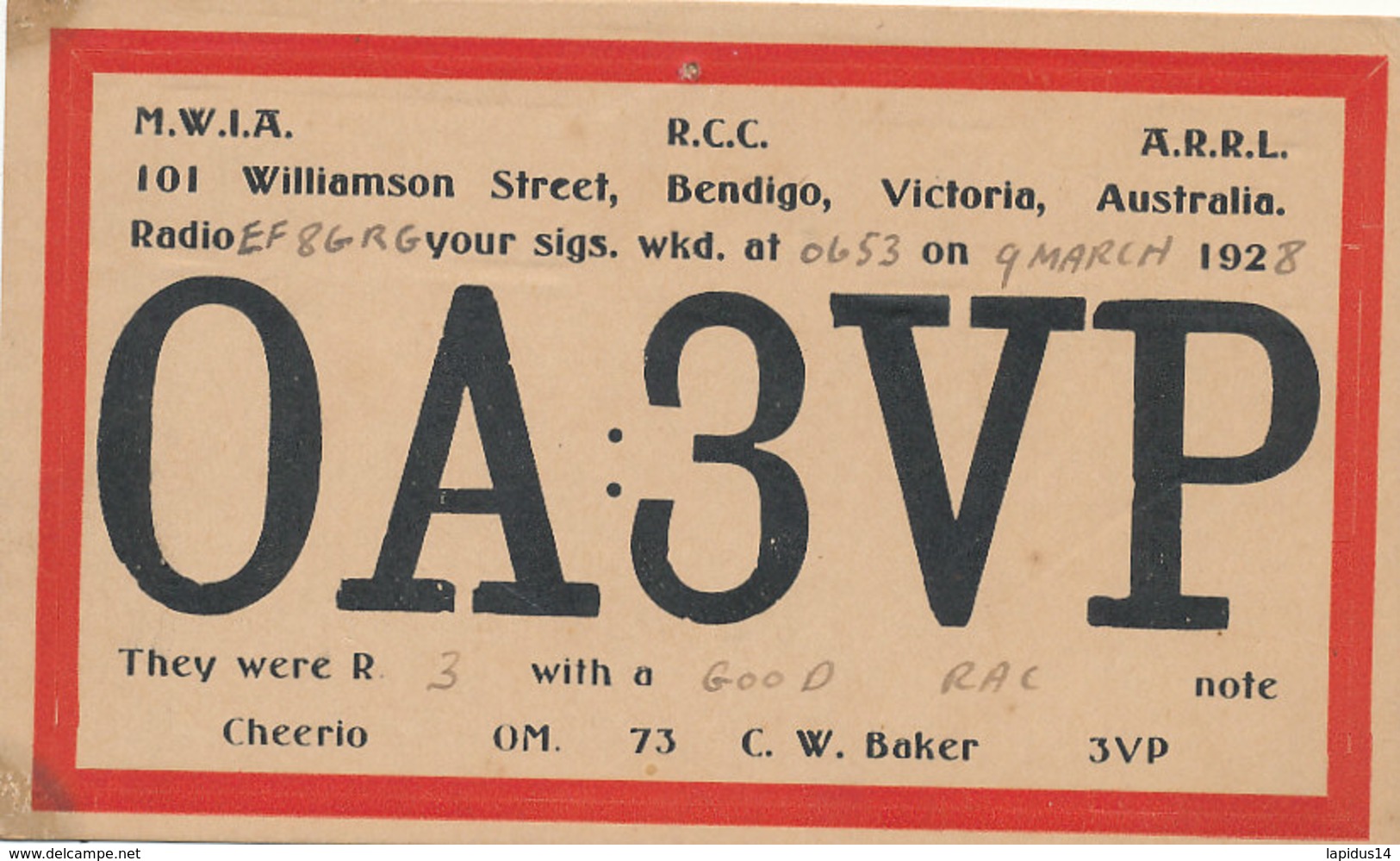 R 272  / CARTE RADIO AMATEUR -     AUSTRALIA    O  A 3    V  P - Radio Amatoriale