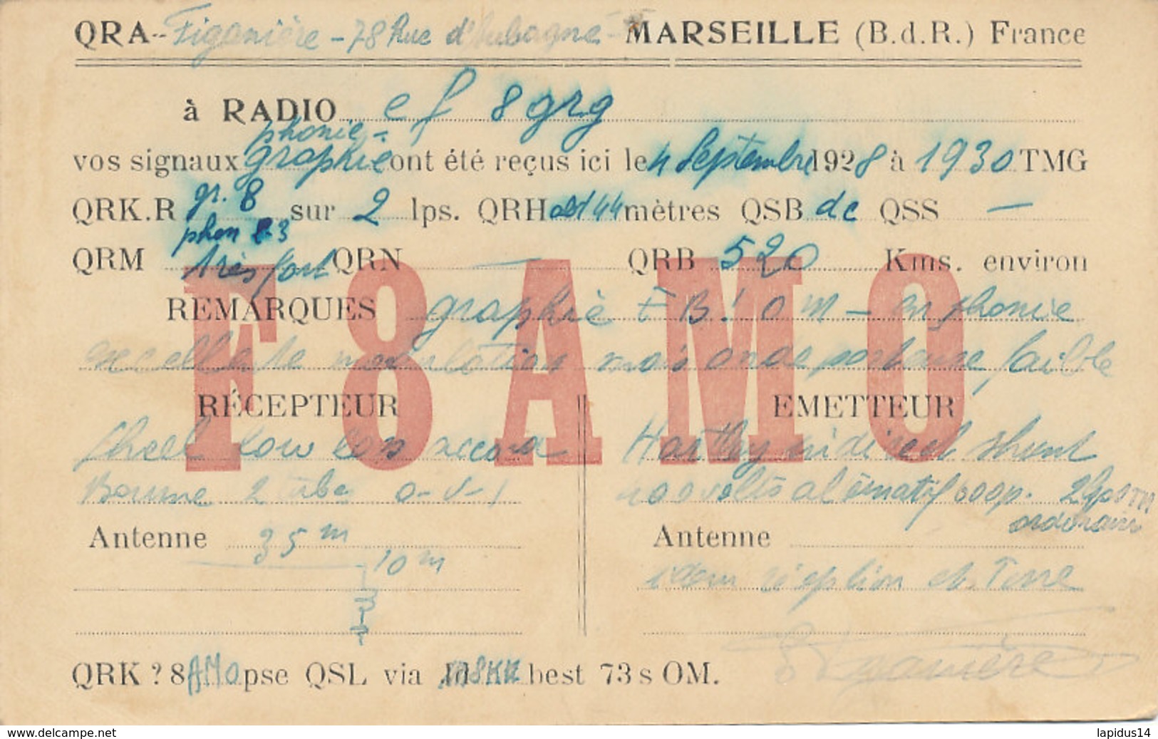 R 281  / CARTE RADIO AMATEUR -    MARSEILLE    F  8  A  M  O - Radio Amateur