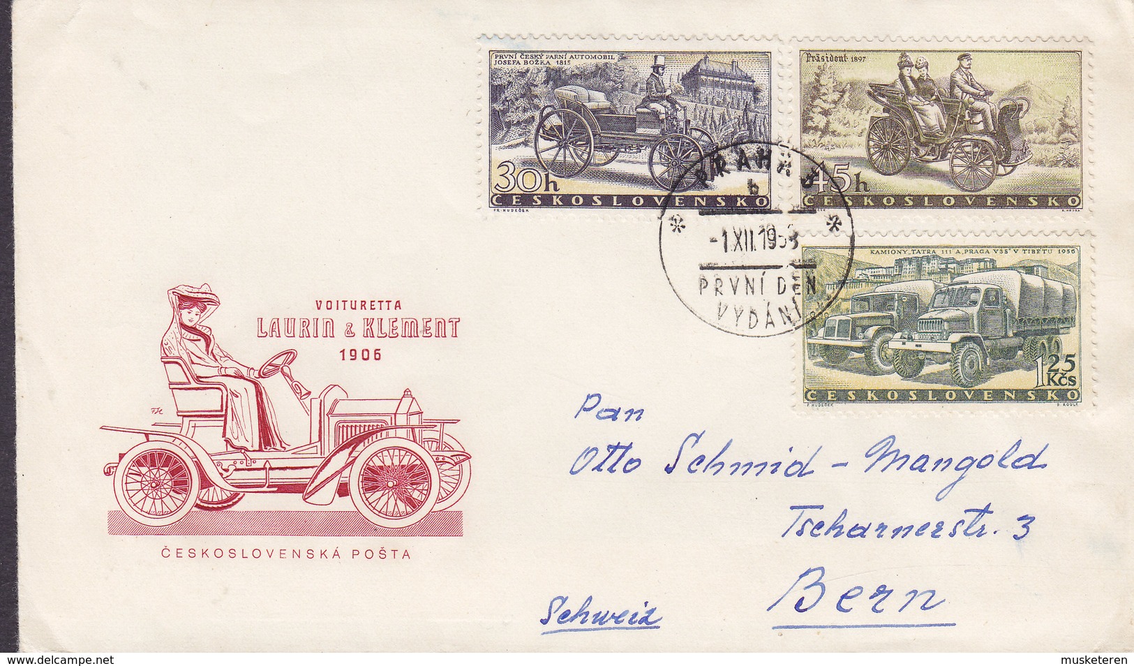 Czechoslovakia Ersttags Brief FDC Cover 1958 Laurin & Klement Old Automobile Alte Auto Sent To BERN Schweiz - FDC