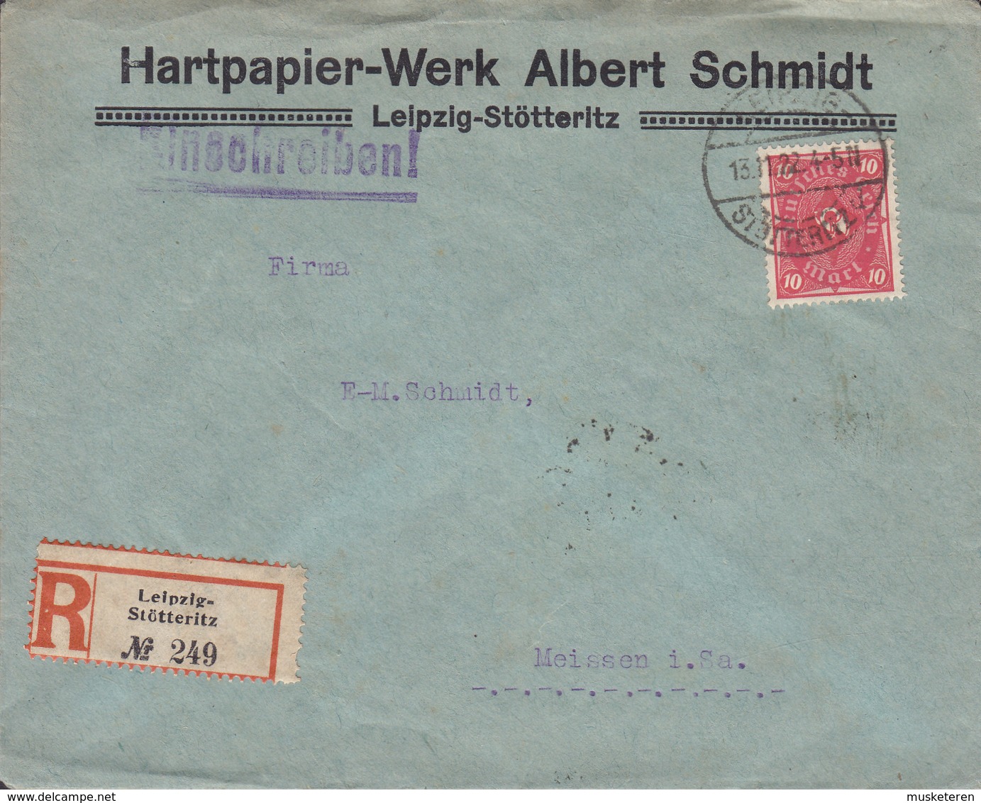 Germany Deutsches Reich HARTPAPIER-WERK ALBERT SCHMIDT Registered Einschreiben Label LEIPZIG-STÖTTERITZ 1922 Cover Brief - Briefe U. Dokumente