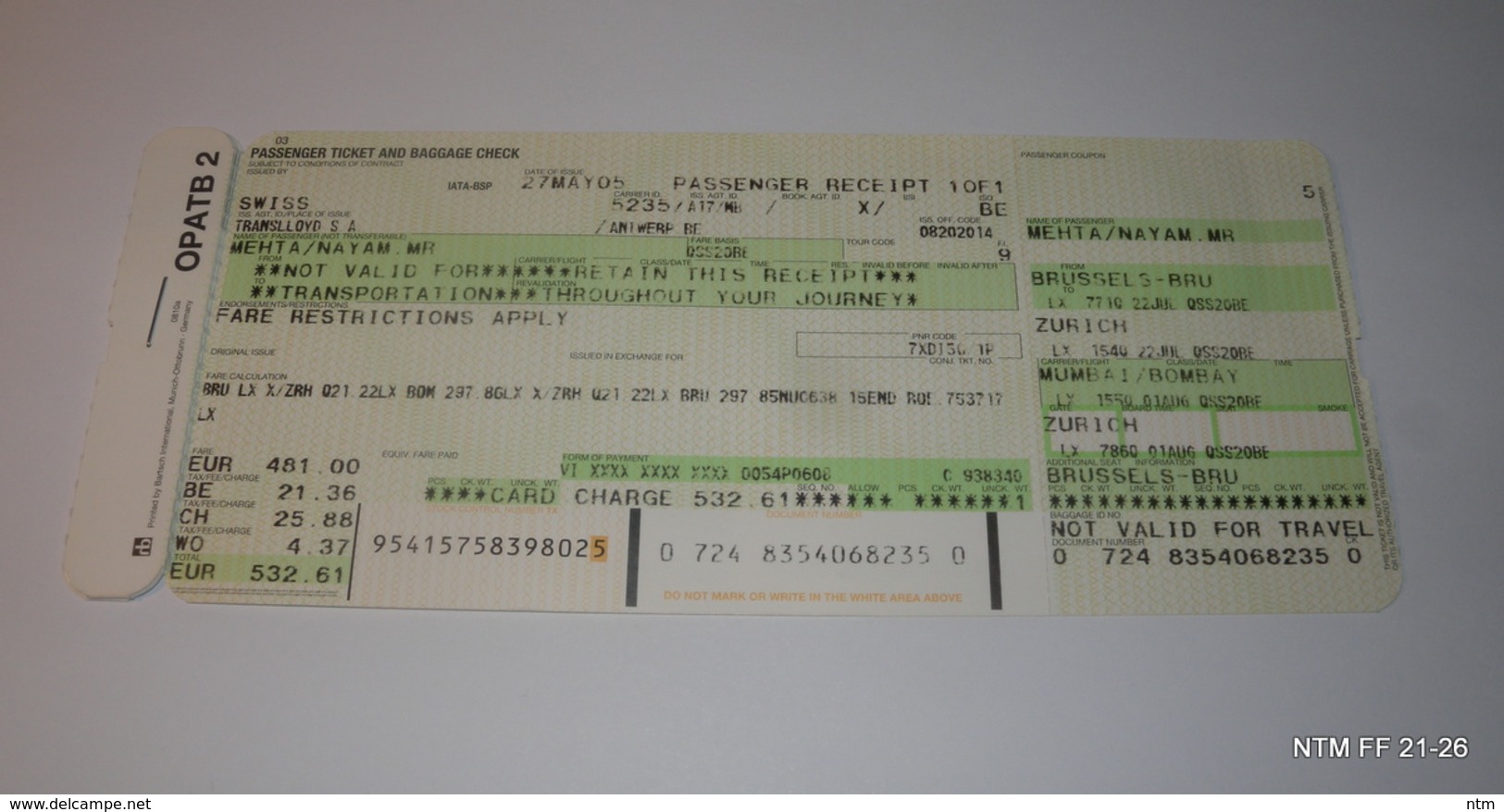 Swiss Airline Baggage Tags And Ticket Receipt. Good For Study. Used. - Europa