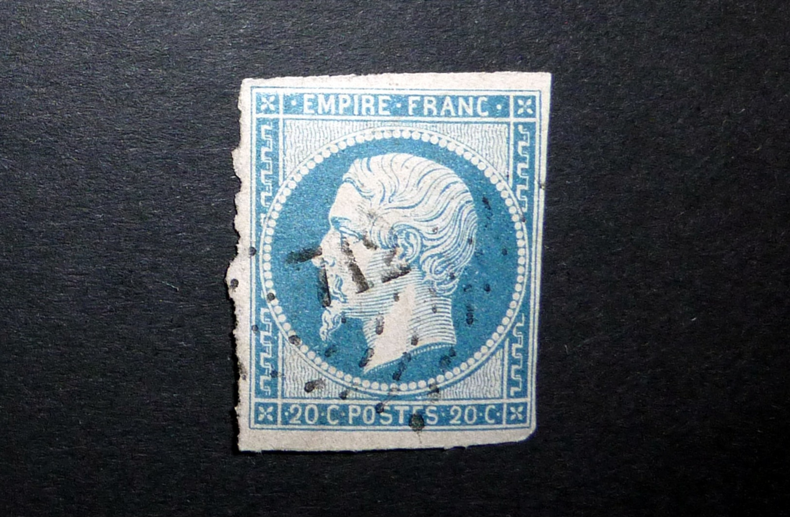 FRANCE 1854 N°14I OBL. LOSANGE PC 712 (NAPOLÉON III. SECOND EMPIRE. 20C BLEU. LÉGENDE EMPIRE FRANC. NON DENTELÉ. TYPE I) - 1853-1860 Napoléon III