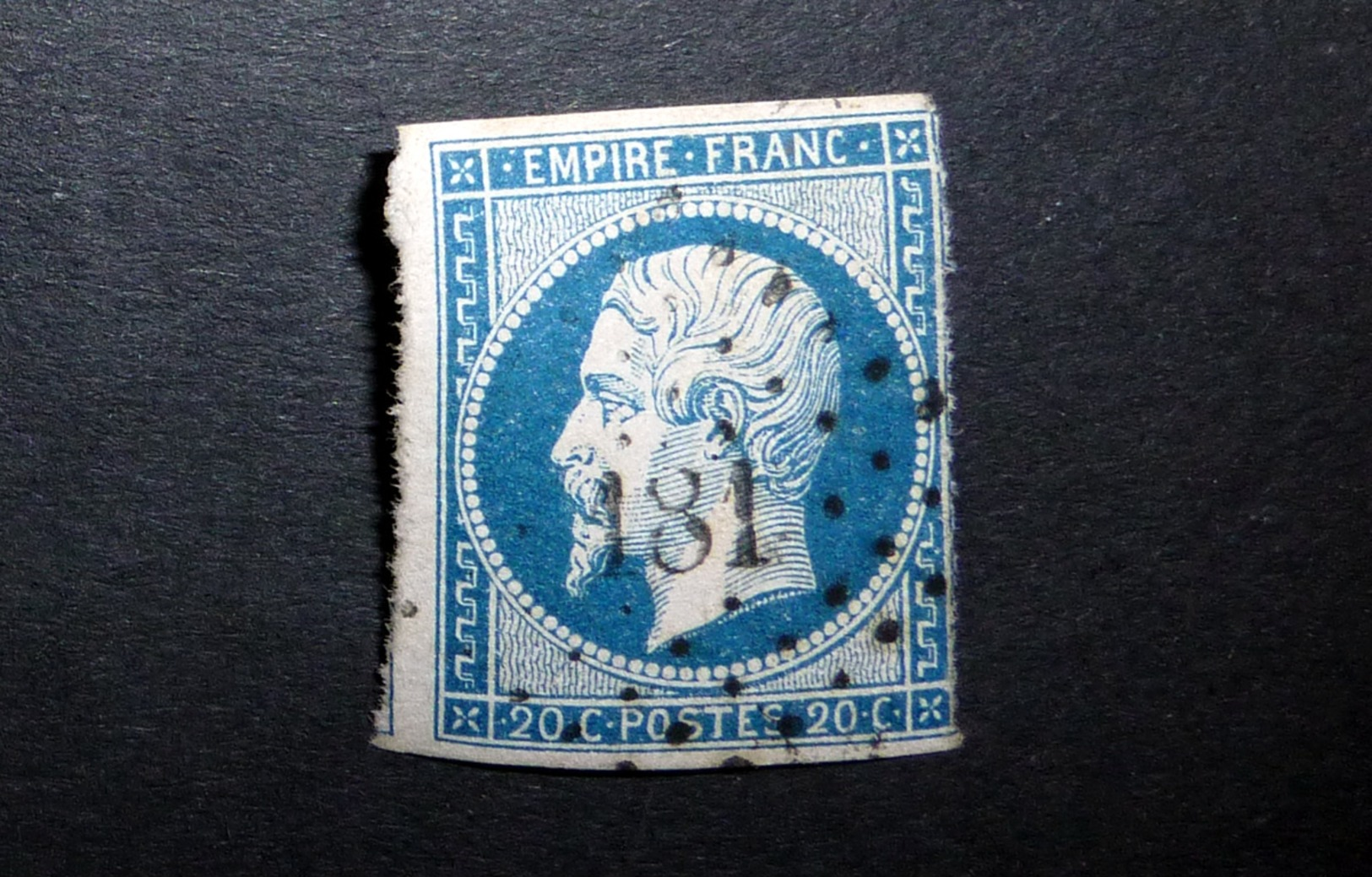 FRANCE 1854 N°14I OBL. LOSANGE PC 181 (NAPOLÉON III. SECOND EMPIRE. 20C BLEU. LÉGENDE EMPIRE FRANC. NON DENTELÉ. TYPE I) - 1853-1860 Napoléon III