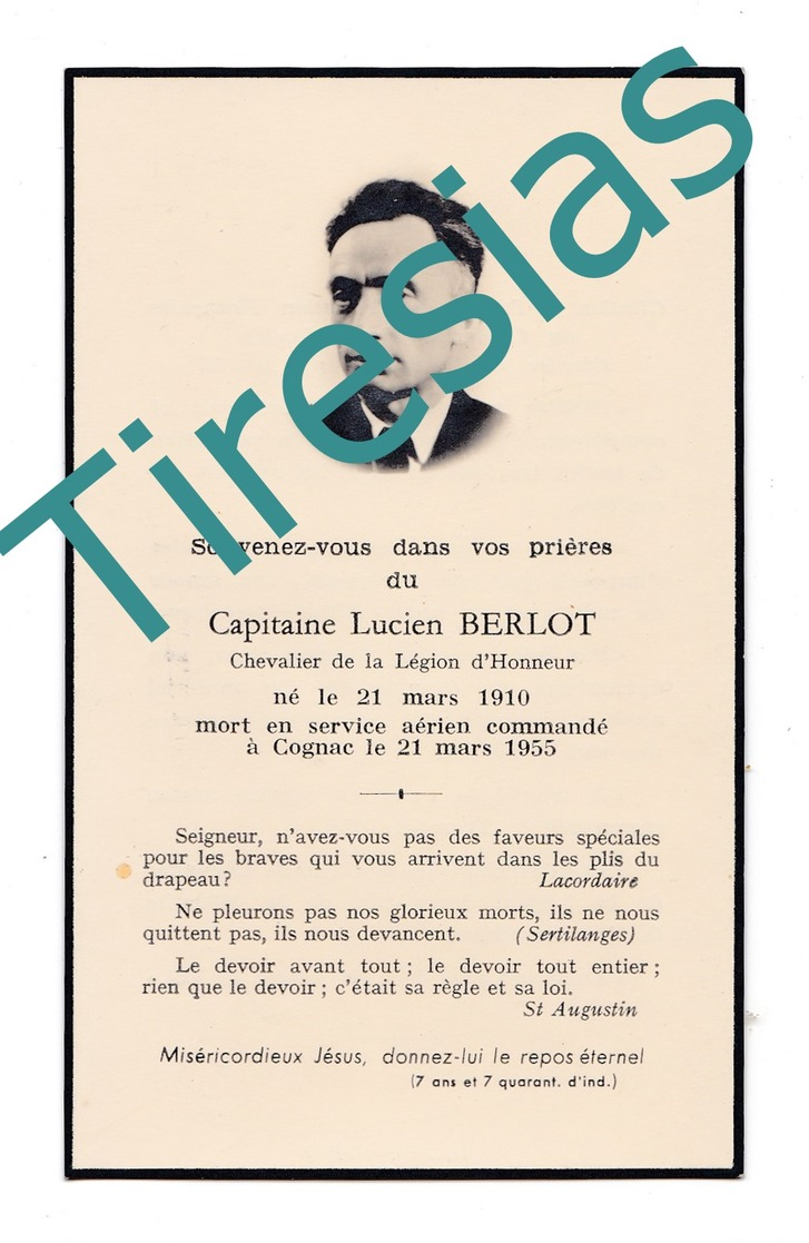 Capitaine Lucien Berlot, Mort En Service Aérien Commandé 21/03/1955 Cognac, Né Villers-les-Ormes, Aviateur, Militaire - Aviation