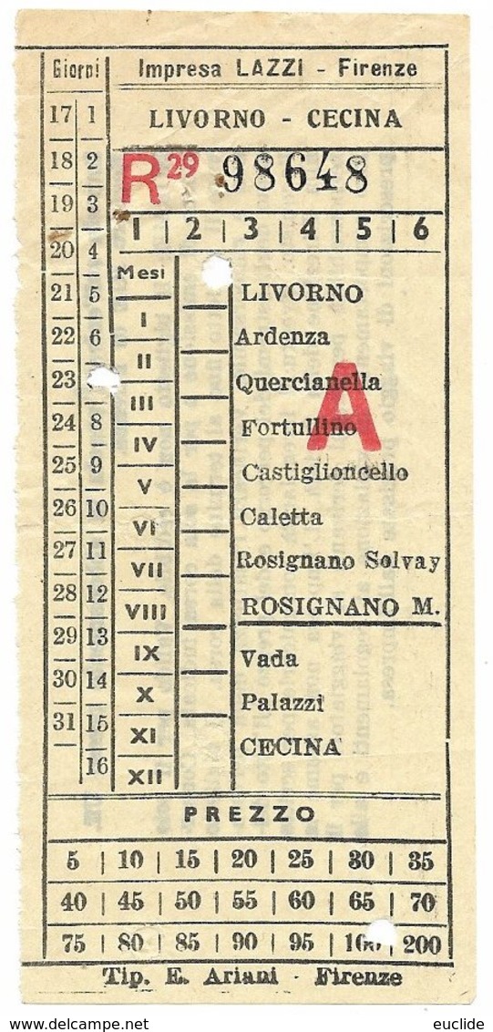 2 Biglietti Autobus Impresa Lazzi Firenze  Linea Livorno Cecina Andata E Ritorno Anni 50 - Europa