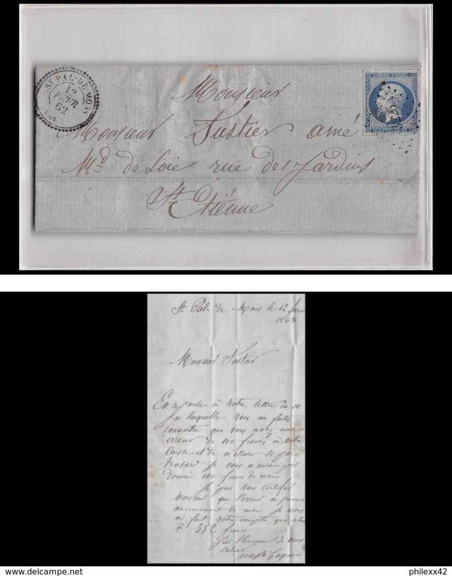 7275 RARE LAC 1862 N°14B Napoleon 20c TB Pc 3226 St Pal De Mons Haute Loire Indice Rare St Etienne Loire France Lettre - 1849-1876: Période Classique