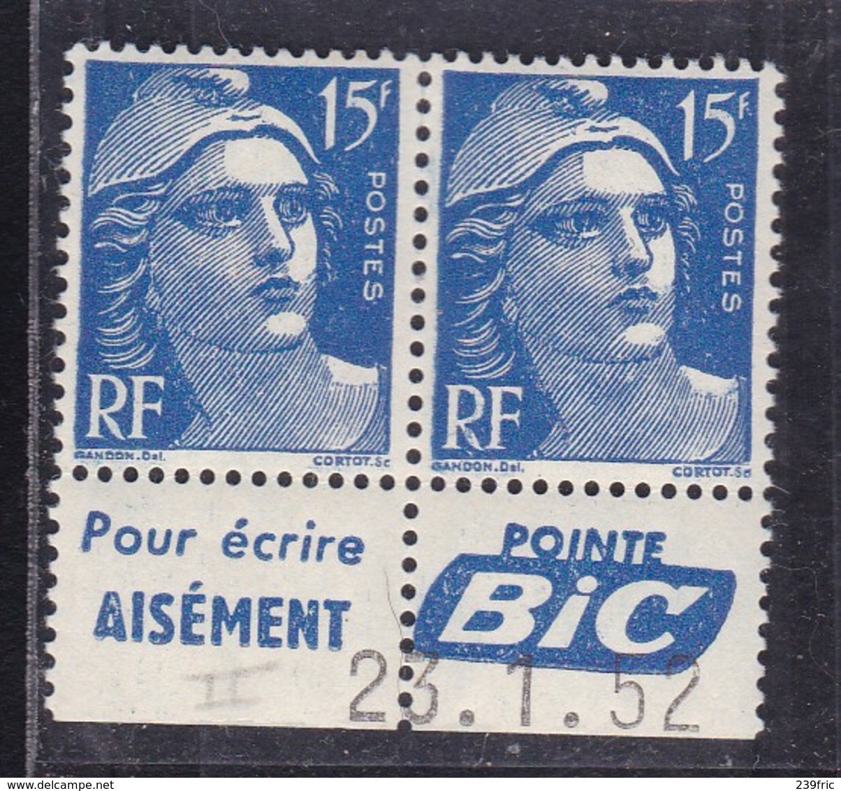 PUBLICITE MARIANNE DE GANDON 15F BLEU PAIRE BIC-pour écrire Aisément-pointe Bic ACCP1137** ET 1129** COTE ACCP 24E - Other & Unclassified