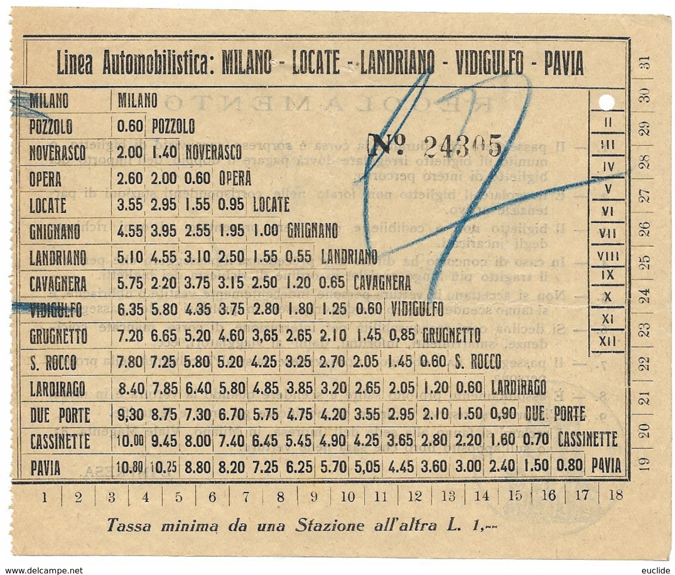 Biglietto Autobus Linea Automobilistica Milano Locate Landriano Vidigulfo Pavia Anni 40 - Europe