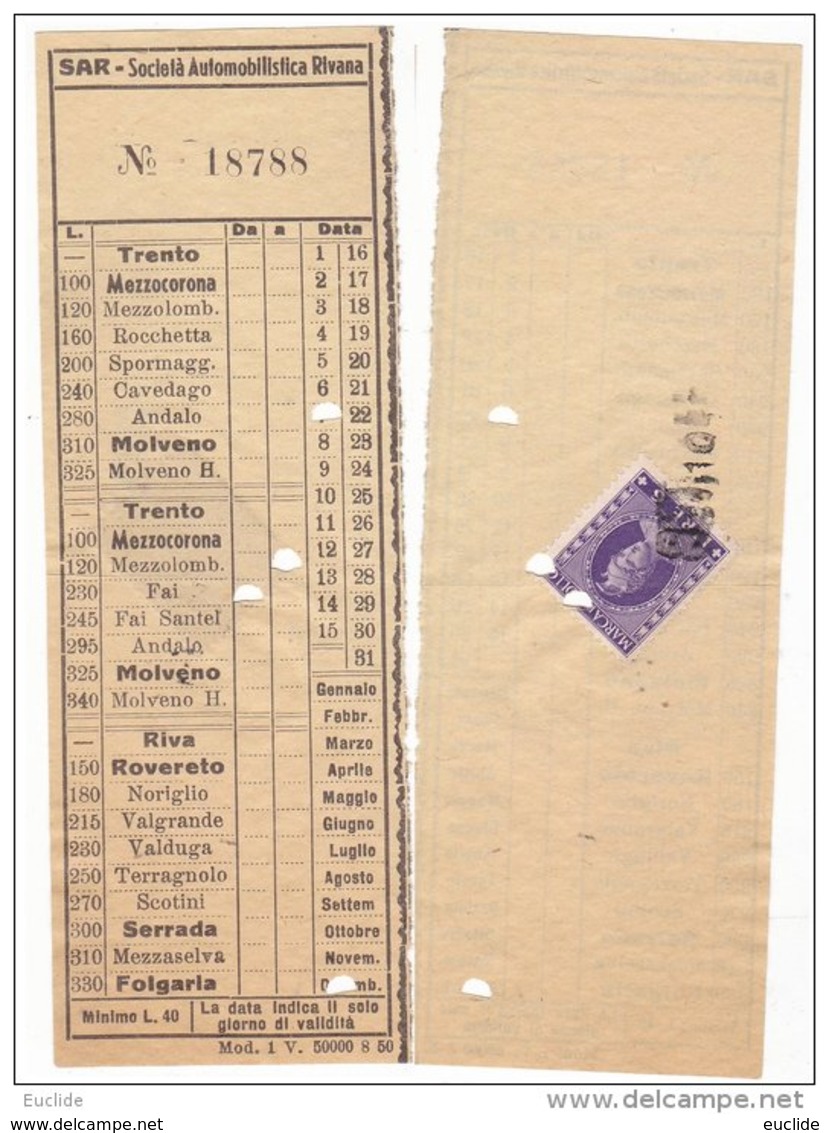 Biglietto Autobus SAR Società Automobilistica Rivana Riva Del Garda  Linea  Trento Molveno  O Riva Folgaria Anni 50 - Europa