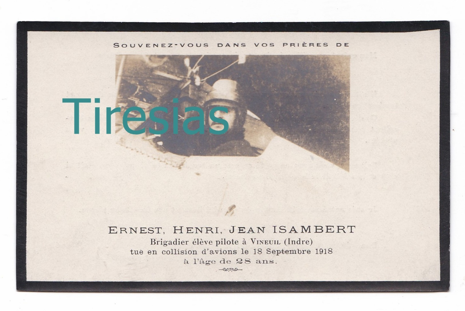 Ernest Henri Jean Isambert, élève Pilote Mort Pour La France En Collision D'avions Le 18/09/1918, Vineuil, Né Châteaudun - Aviation