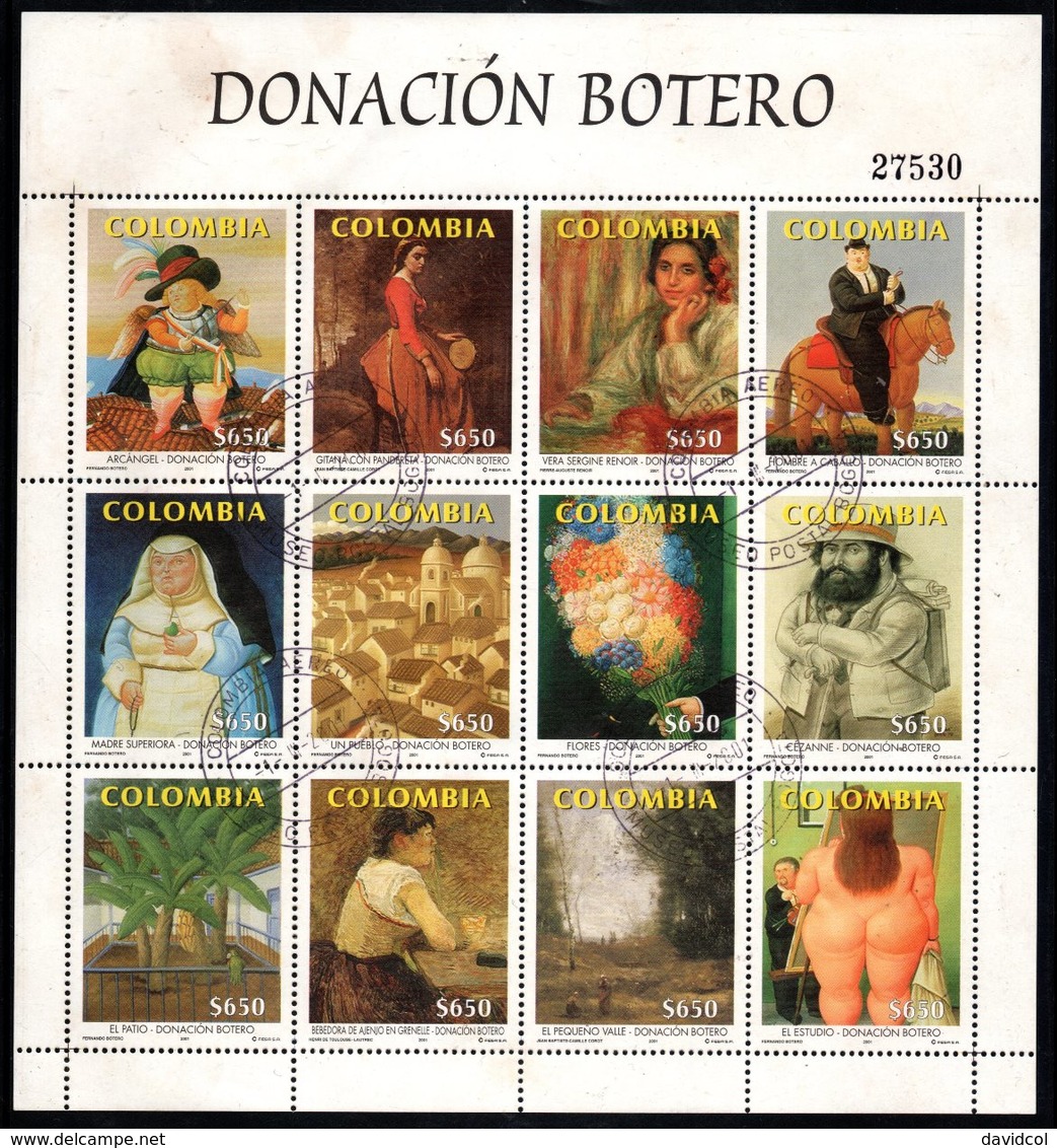 A335. KOLUMBIEN. 2001. MI#: 2155-2166. USED CTO SHEET. BOTERO'S PAINTINGS- FOLDED, NO DAMAGED STAMPS - Colombia