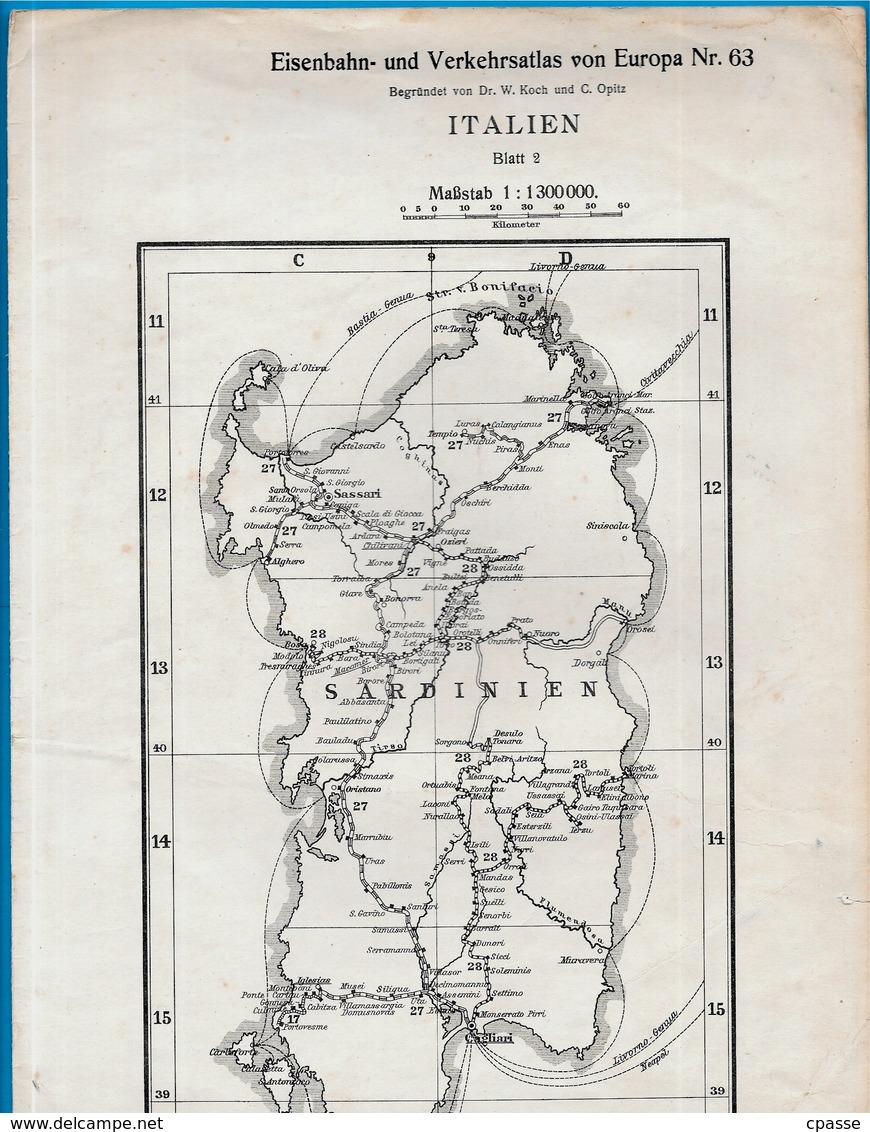 Carte Géographique Ferroviaire ITALIE Italia Sardaigne Sardegna ROMA NAPOLI (rédigée En Langue Allemande) - Autres & Non Classés