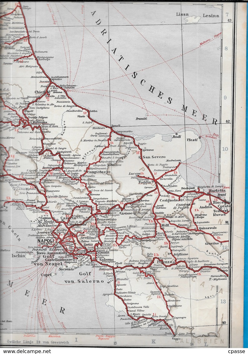 Carte géographique ferroviaire ITALIE Italia Sardaigne Sardegna ROMA NAPOLI (rédigée en langue allemande)