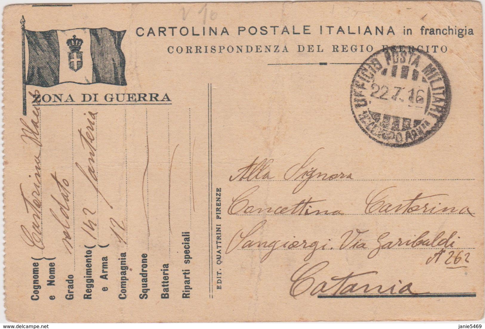 Italia 1916 Ufficio Posta Militare 11 Mo Corpo Di Armata Cartolina Postale - Used