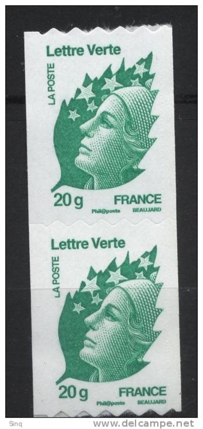 N° 608 Marianne De Beaujard Verte Auto Adhesif Roulette 2011  Faciale Lettre Verte 20g X2 - Altri & Non Classificati