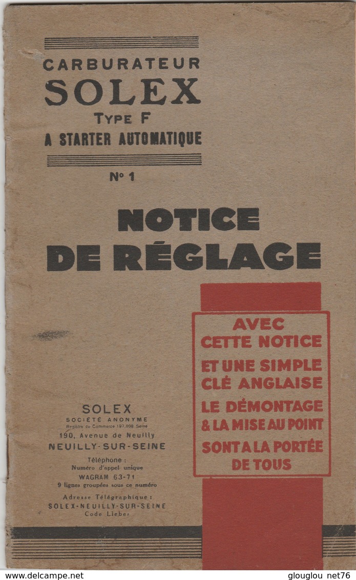 LIBRET 21,5/13 CM..27 PAGES..CARBURATEUR SOLEX...NOTICE DE REGLAGE .NOTICE ET PHOTOS A L'INTERIEUR - Autres & Non Classés