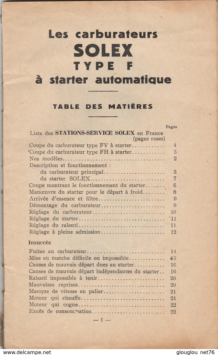 LIBRET 21,5/13 CM..27 PAGES..CARBURATEUR SOLEX...NOTICE DE REGLAGE .NOTICE ET PHOTOS A L'INTERIEUR - Autres & Non Classés