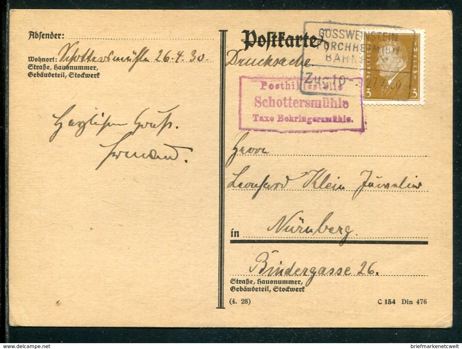 Deutsches Reich / 1930 / Posthilfsstellen-Stempel SCHOTTERMUEHLE U.Bahnpost-Stempel Grossweinstein-Forchheim A.PK (7343) - Briefe U. Dokumente