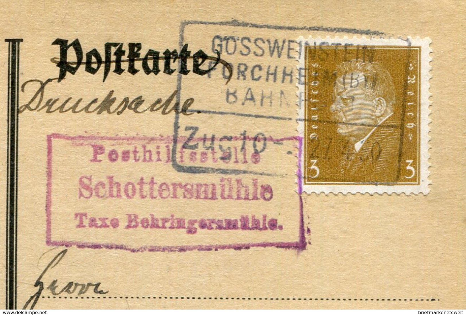 Deutsches Reich / 1930 / Posthilfsstellen-Stempel SCHOTTERMUEHLE U.Bahnpost-Stempel Grossweinstein-Forchheim A.PK (7343) - Briefe U. Dokumente