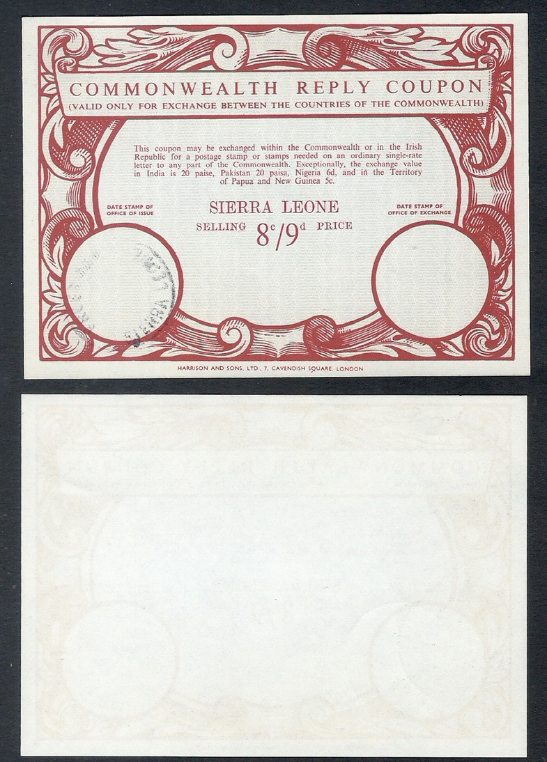 J1) 1930's 1940's Great Britain Colony British Sierra Leone - UPU Postal Stationary IRC Commonwealth Reply Coupon - Sierra Leone (...-1960)