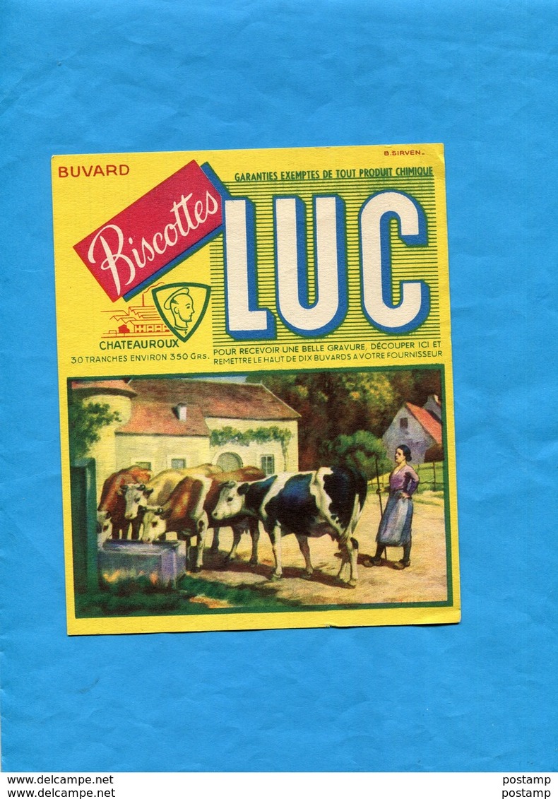 -BUVARD-"BISCOTTES LUC " - CHATEAUROUX - Illustrée Scène De Ferme-vaches à L'abreuvoir Avec La Fermière-années 40-50 - Biscottes