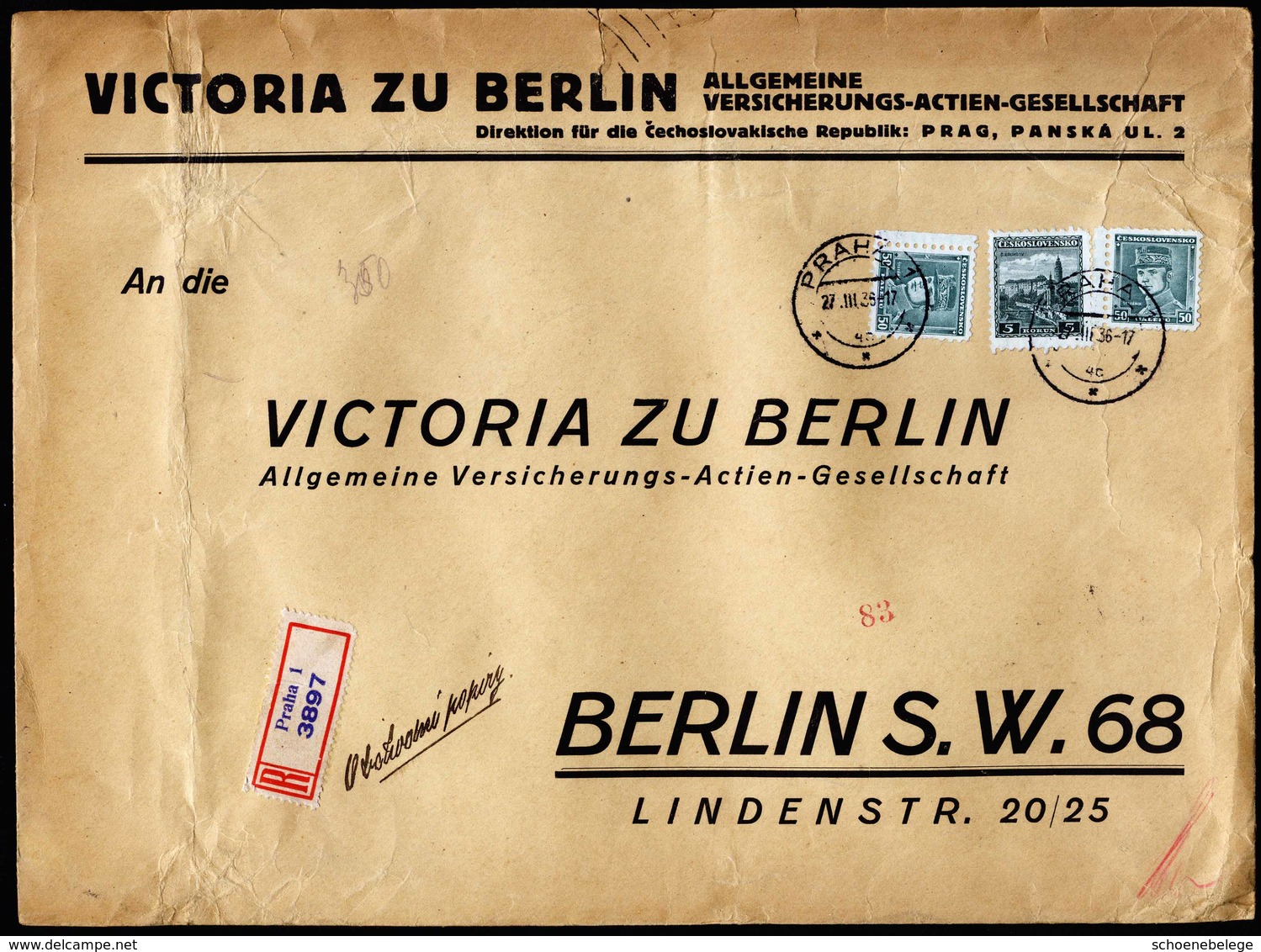 A5862) Czechoslovakia Grosser R-Brief Prag 27.03.36 N. Berlin - Briefe U. Dokumente