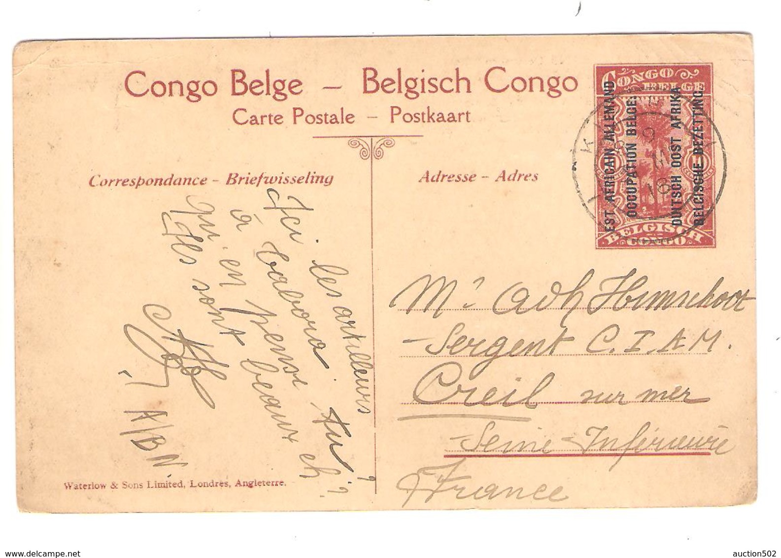 PR6332/ Entier CP 48 Est Africain Allemand Entrée Des Troupes Belges à Tabora C.Kigoma 1918 V.France - Entiers Postaux