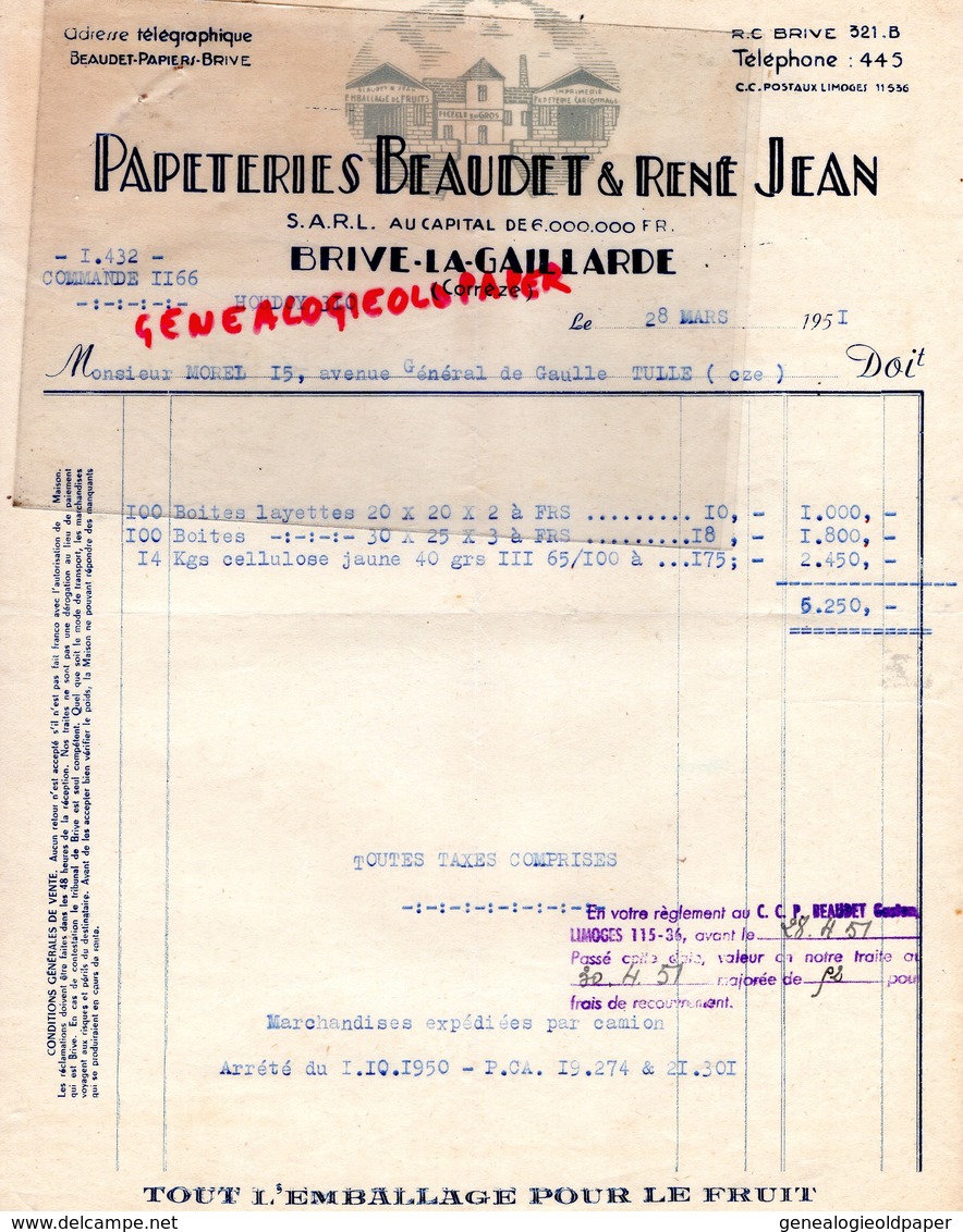 19- BRIVE LA GAILLARDE- RARE FACTURE PAPETERIE BEAUDET & RENE JEAN- IMPRIMERIE -VUE USINE- 1951 - Printing & Stationeries